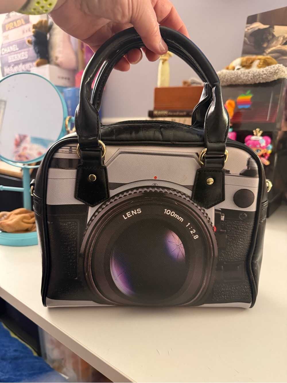 Novelty Vintage Camera Print Handbag - Black and White Faux Leather